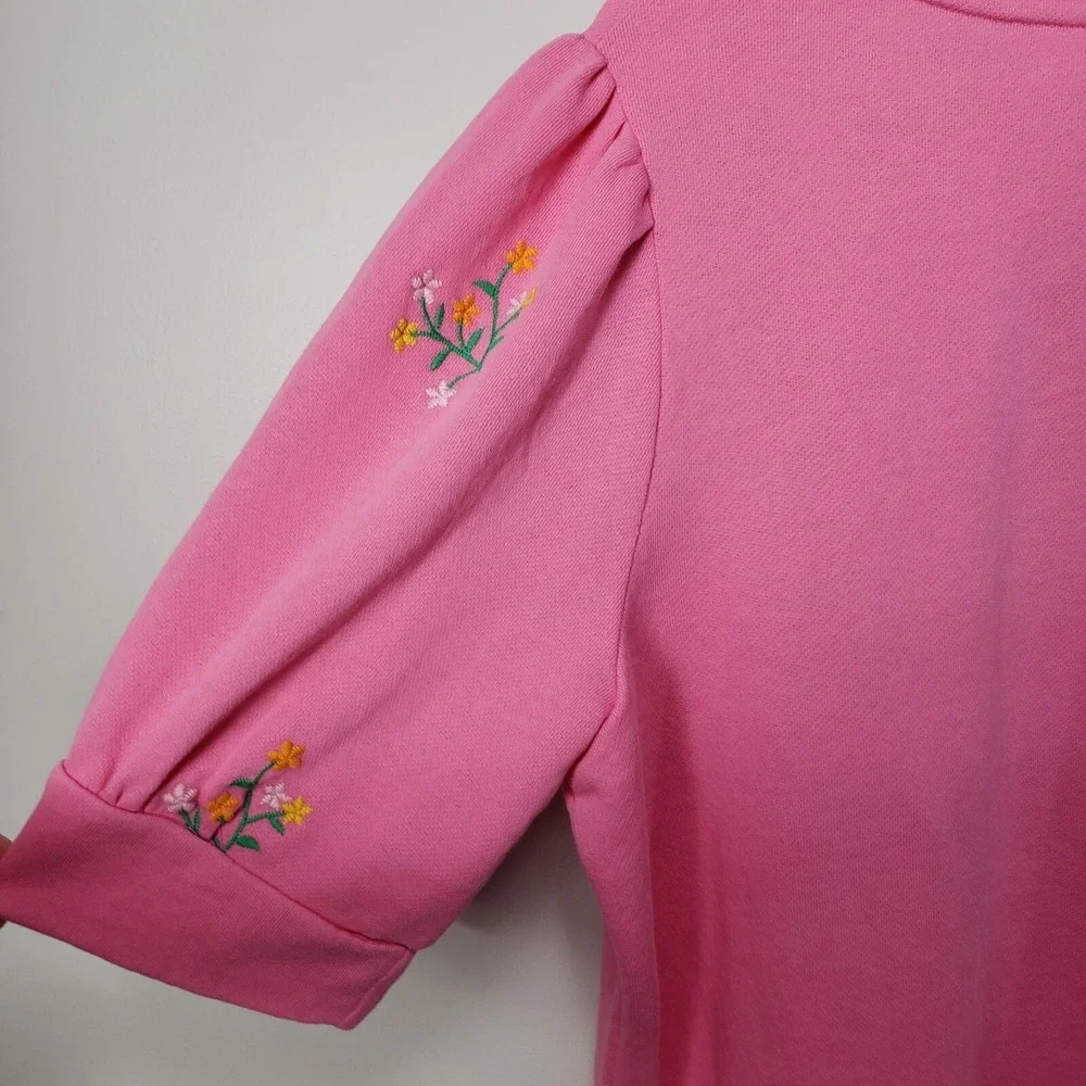 NWT Crown & Ivy Pink Floral Embroidered Short Sleeve Knit Top Sz XL - Picture 3 of 9